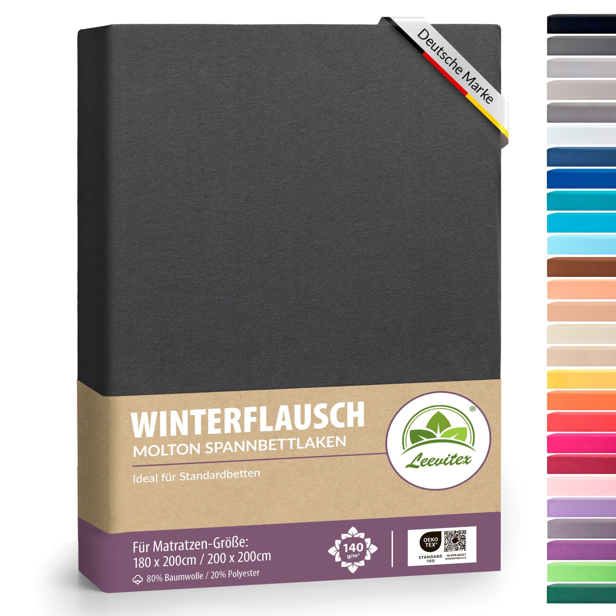 Winter-Spannbettlaken Anthrazit 180x200 cm in Verpackung von Leevitex