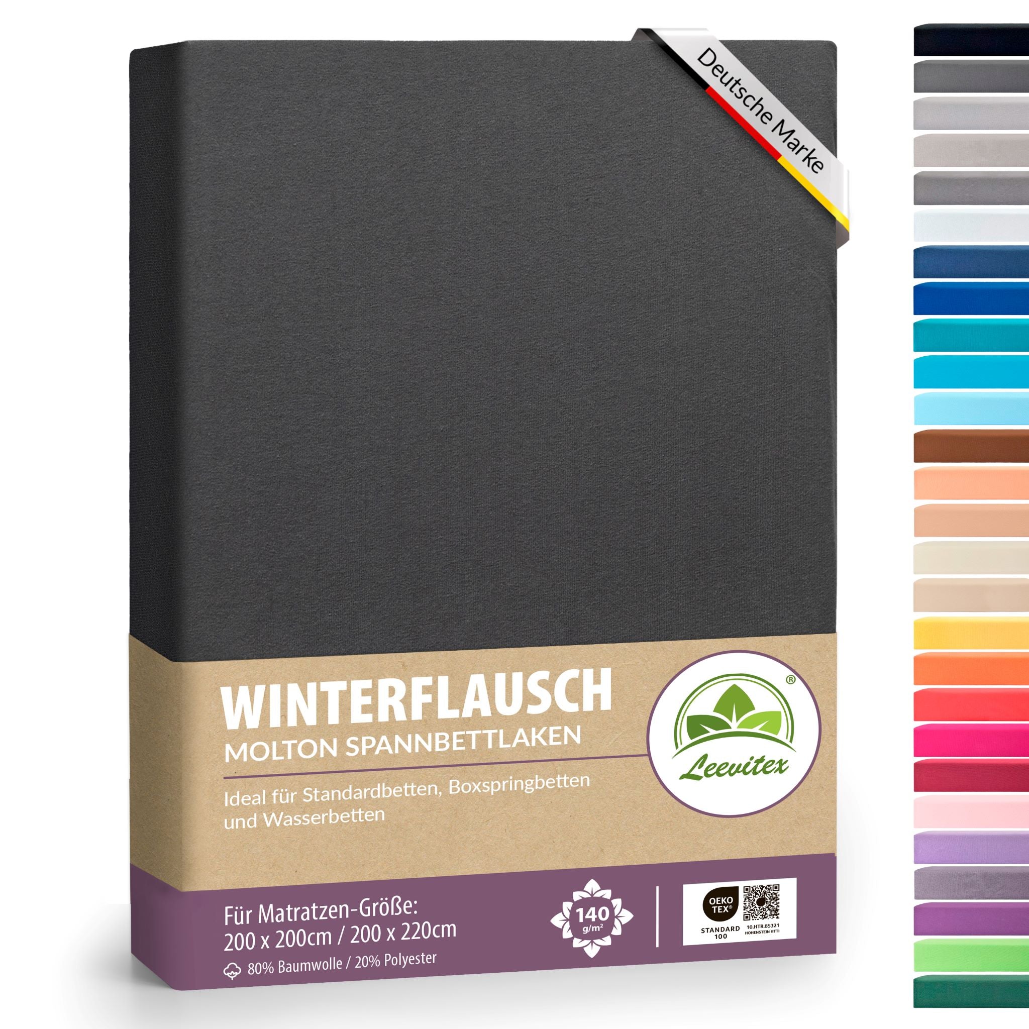 Winter-Spannbettlaken Anthrazit 200x200 cm in Verpackung von Leevitex