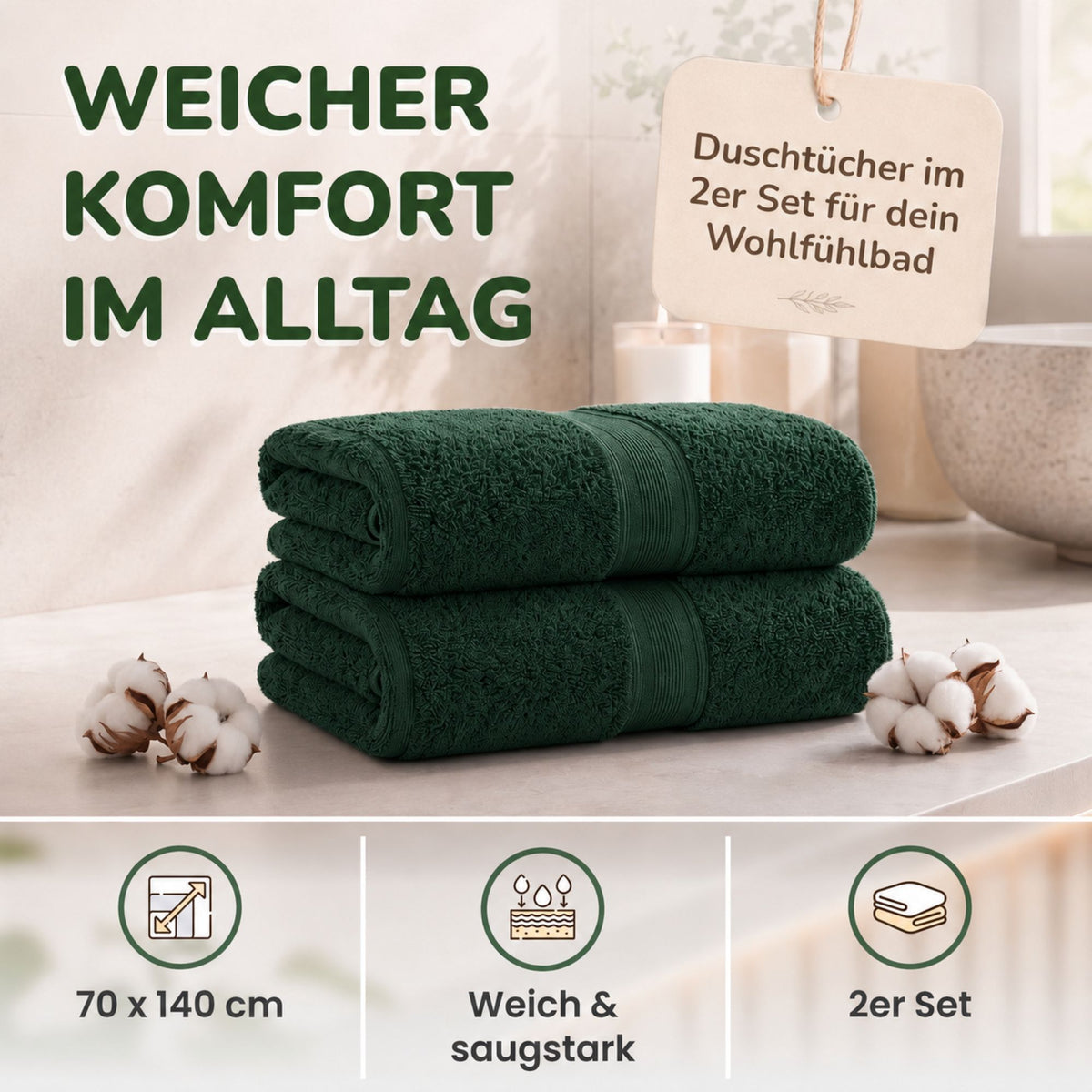 Duschtücher im 2er Set – 100% Baumwolle, 70 x 140 cm, weich und saugfähig