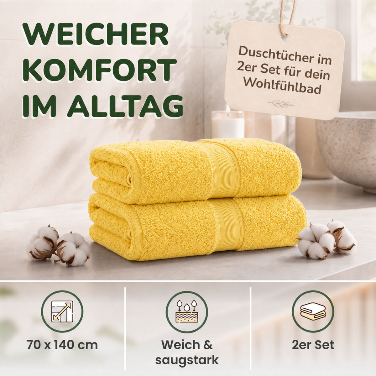 Duschtücher im 2er Set – 100% Baumwolle, 70 x 140 cm, weich und saugfähig