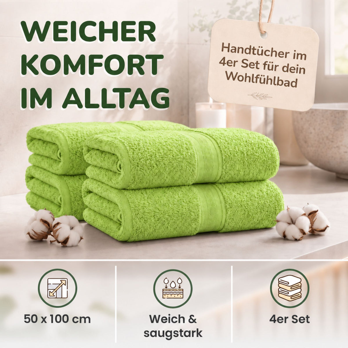 Handtücher von Leevitex – 4er Set, 100% Baumwolle, 50 x 100 cm, weich und saugfähig
