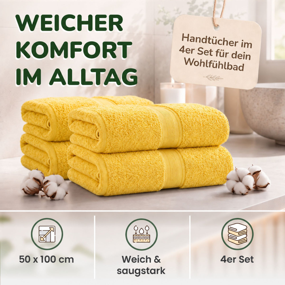 Handtücher von Leevitex – 4er Set, 100% Baumwolle, 50 x 100 cm, weich und saugfähig