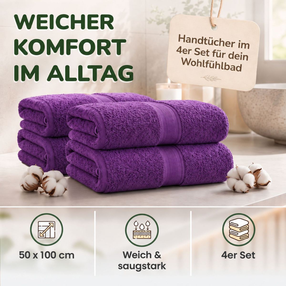 Handtücher von Leevitex – 4er Set, 100% Baumwolle, 50 x 100 cm, weich und saugfähig
