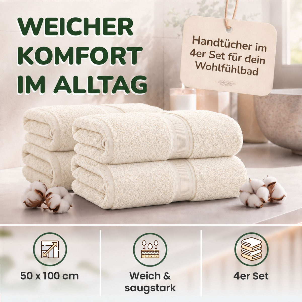Handtücher von Leevitex – 4er Set, 100% Baumwolle, 50 x 100 cm, weich und saugfähig