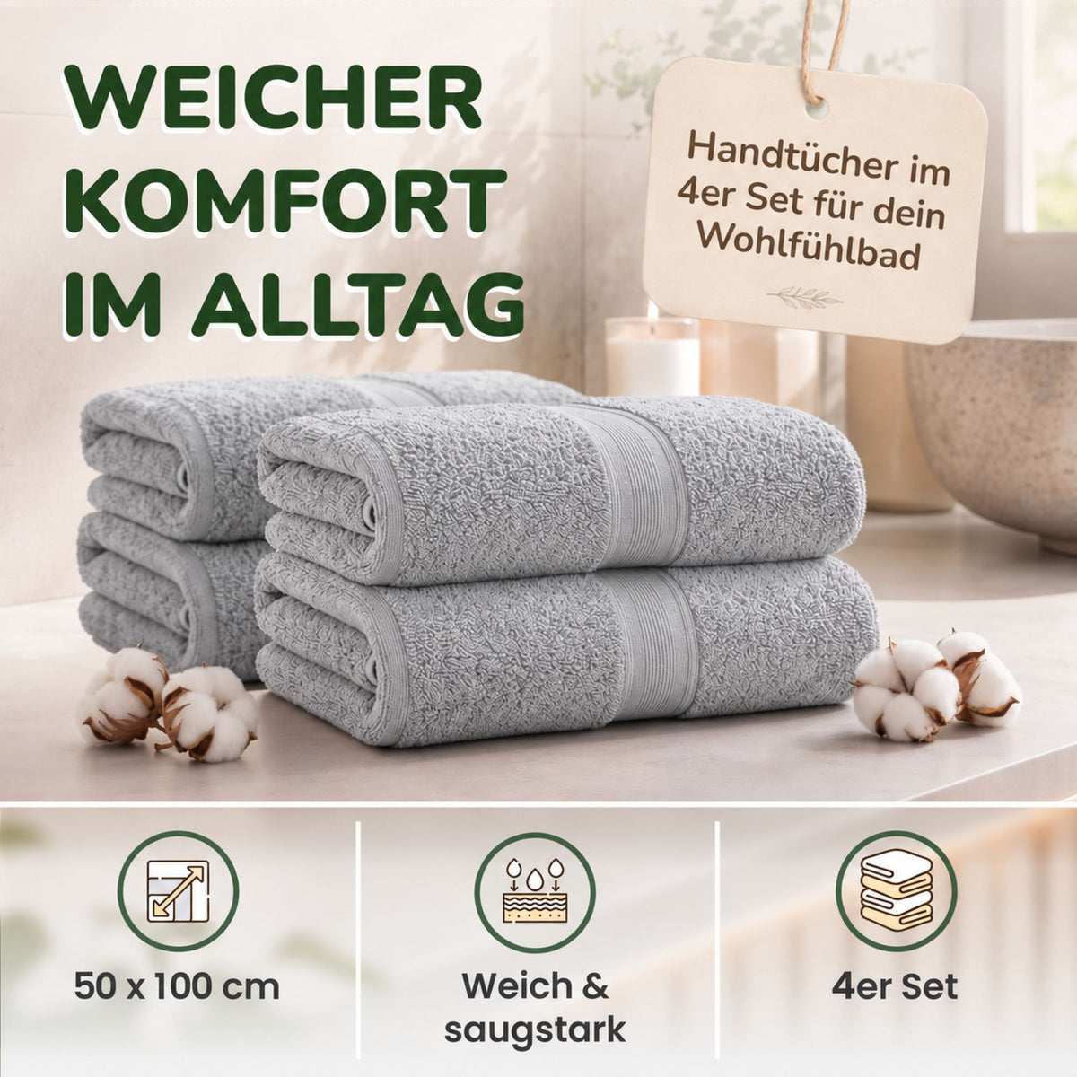 Handtücher von Leevitex – 4er Set, 100% Baumwolle, 50 x 100 cm, weich und saugfähig