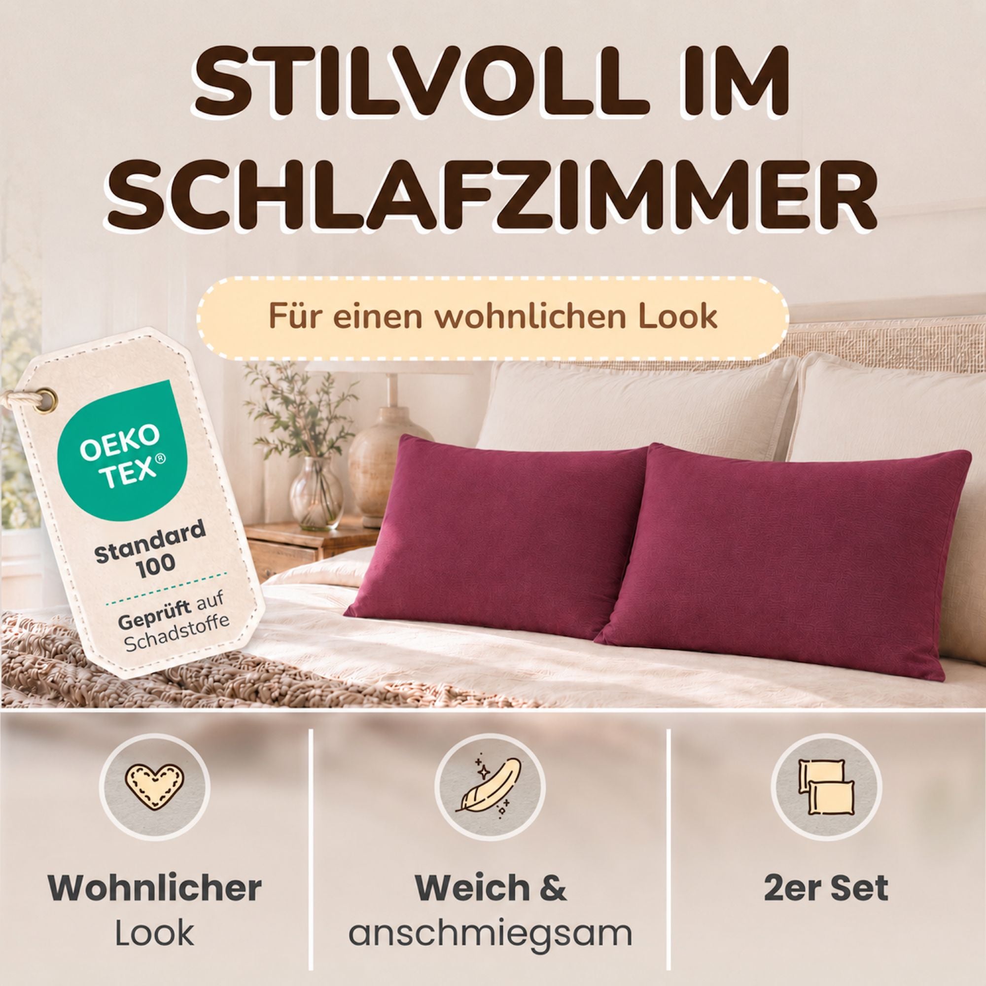 Kissenbezüge 2er Set 40x80 cm - 100% Baumwolle, stilvoll und gemütlich