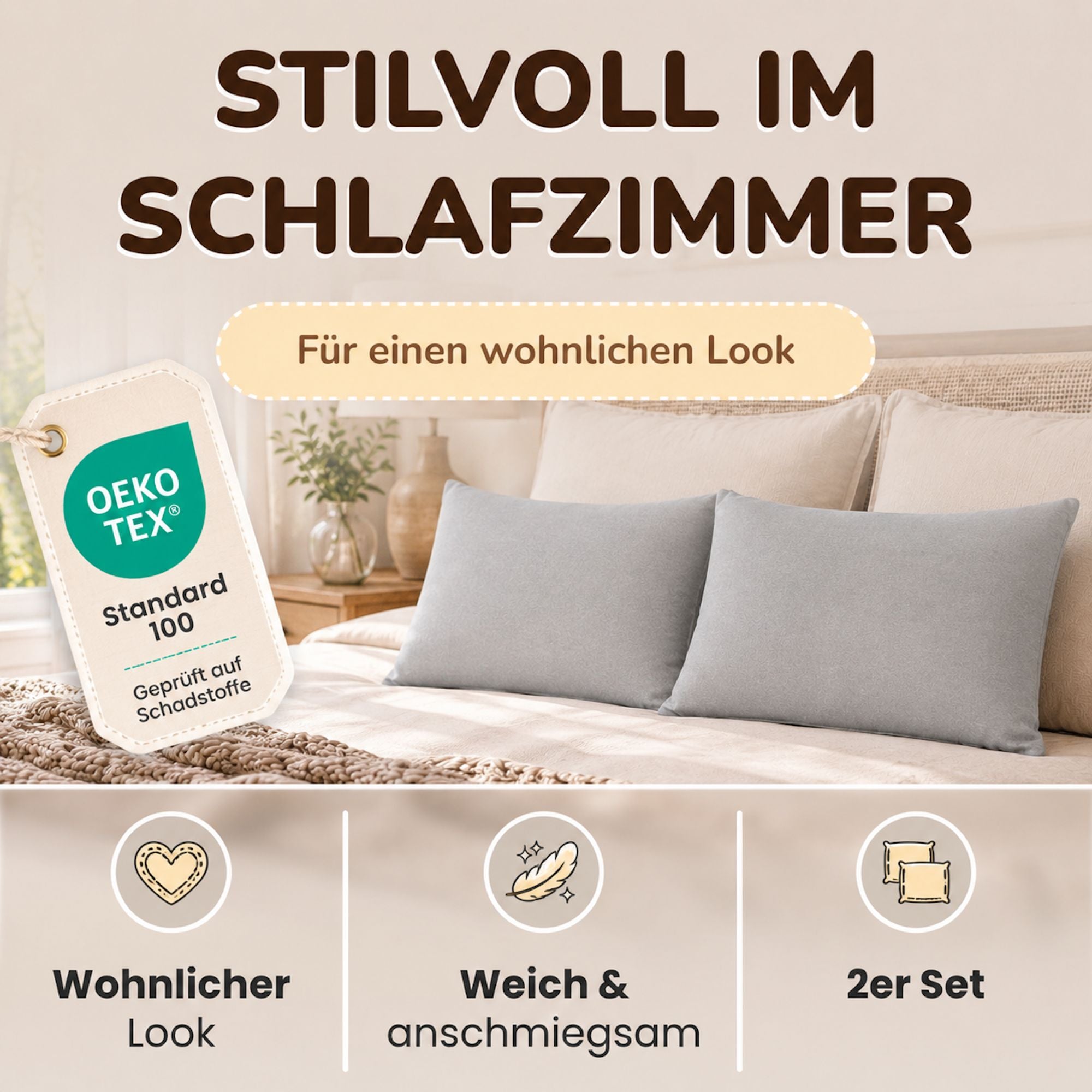Kissenbezüge 2er Set 40x80 cm - 100% Baumwolle, stilvoll und gemütlich