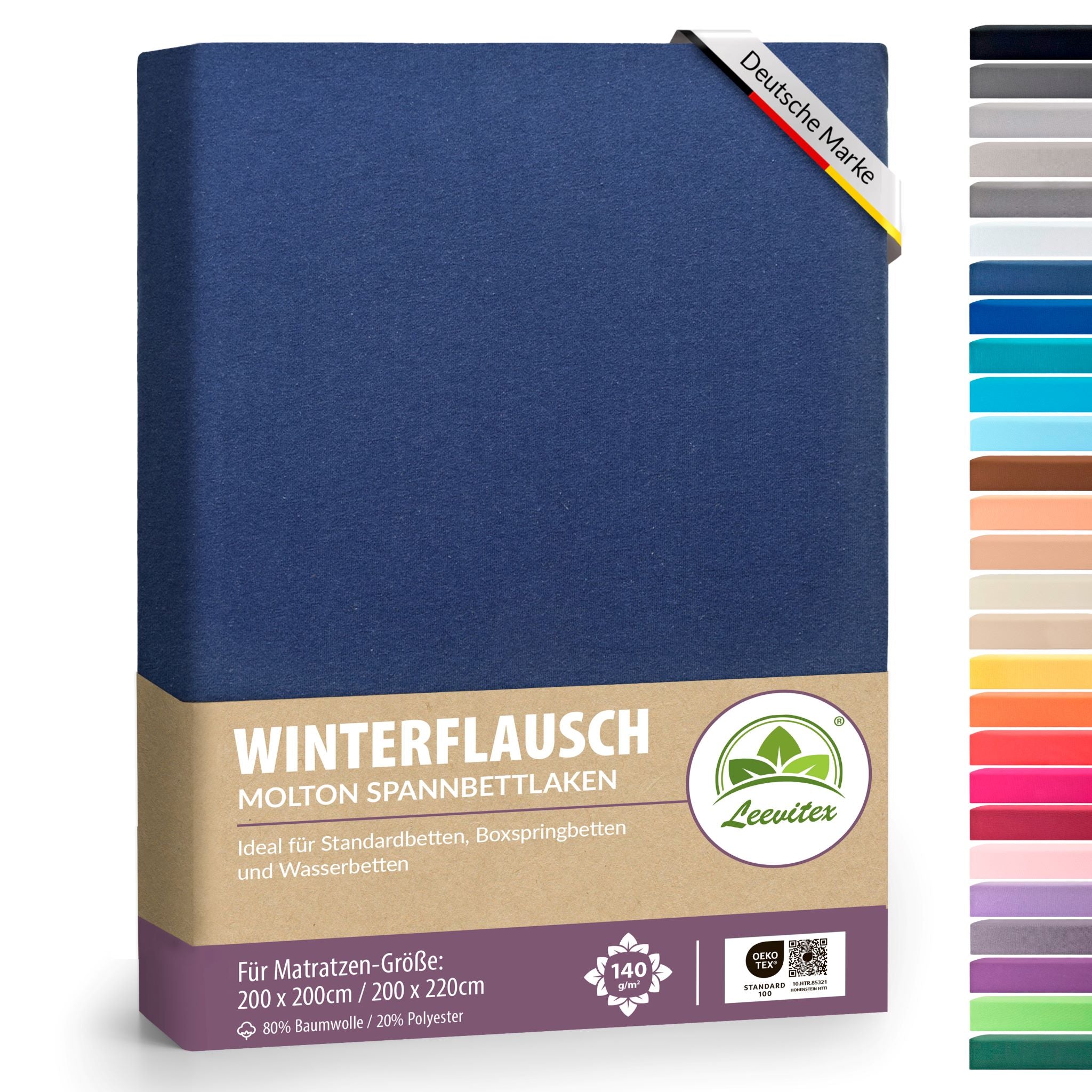 Winter-Spannbettlaken Navyblau 200x200 cm in Verpackung von Leevitex