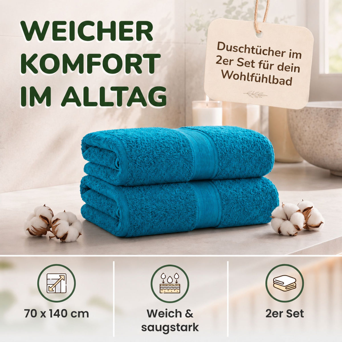 Duschtücher im 2er Set – 100% Baumwolle, 70 x 140 cm, weich und saugfähig