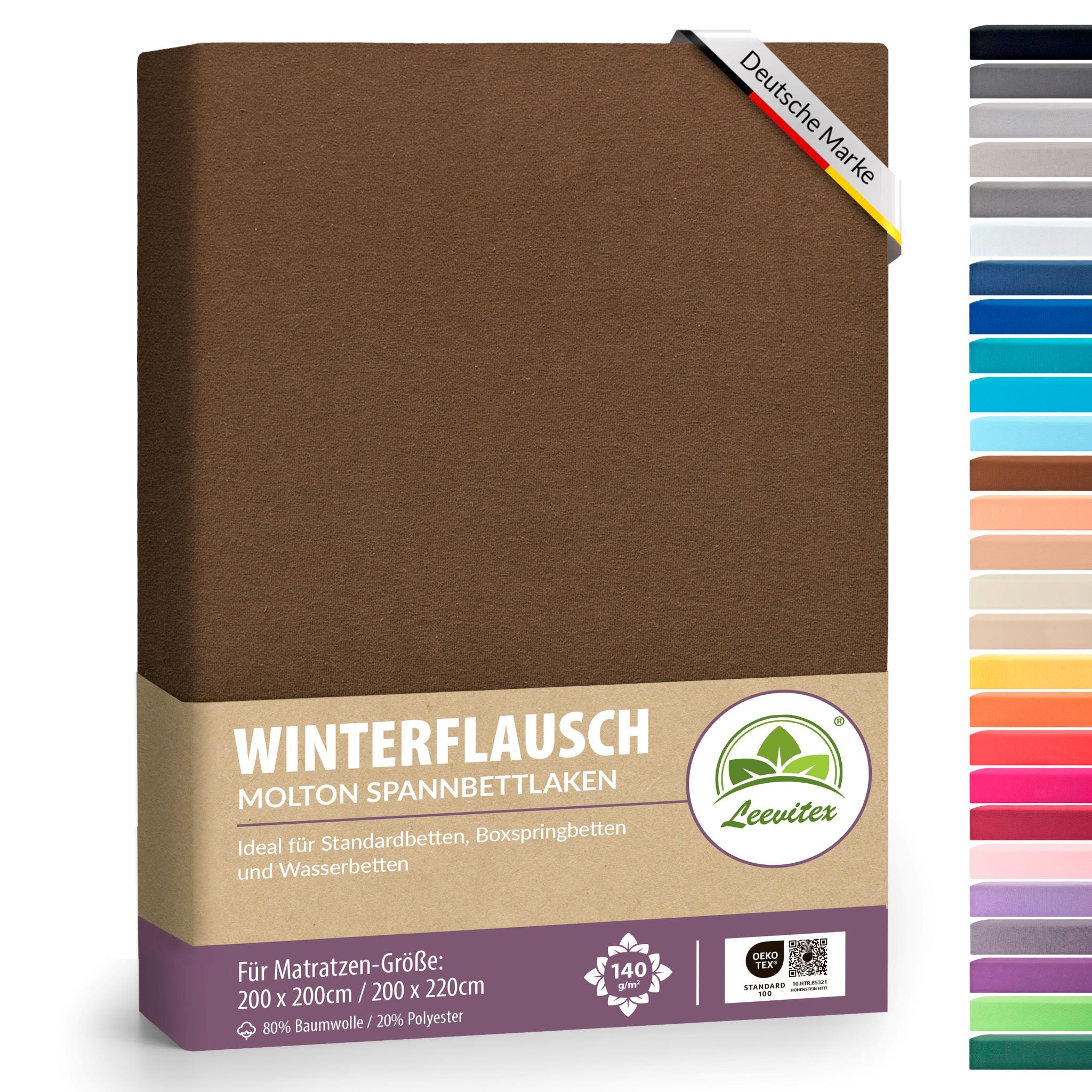 Winter-Spannbettlaken Schokobraun 200x200 cm in Verpackung von Leevitex