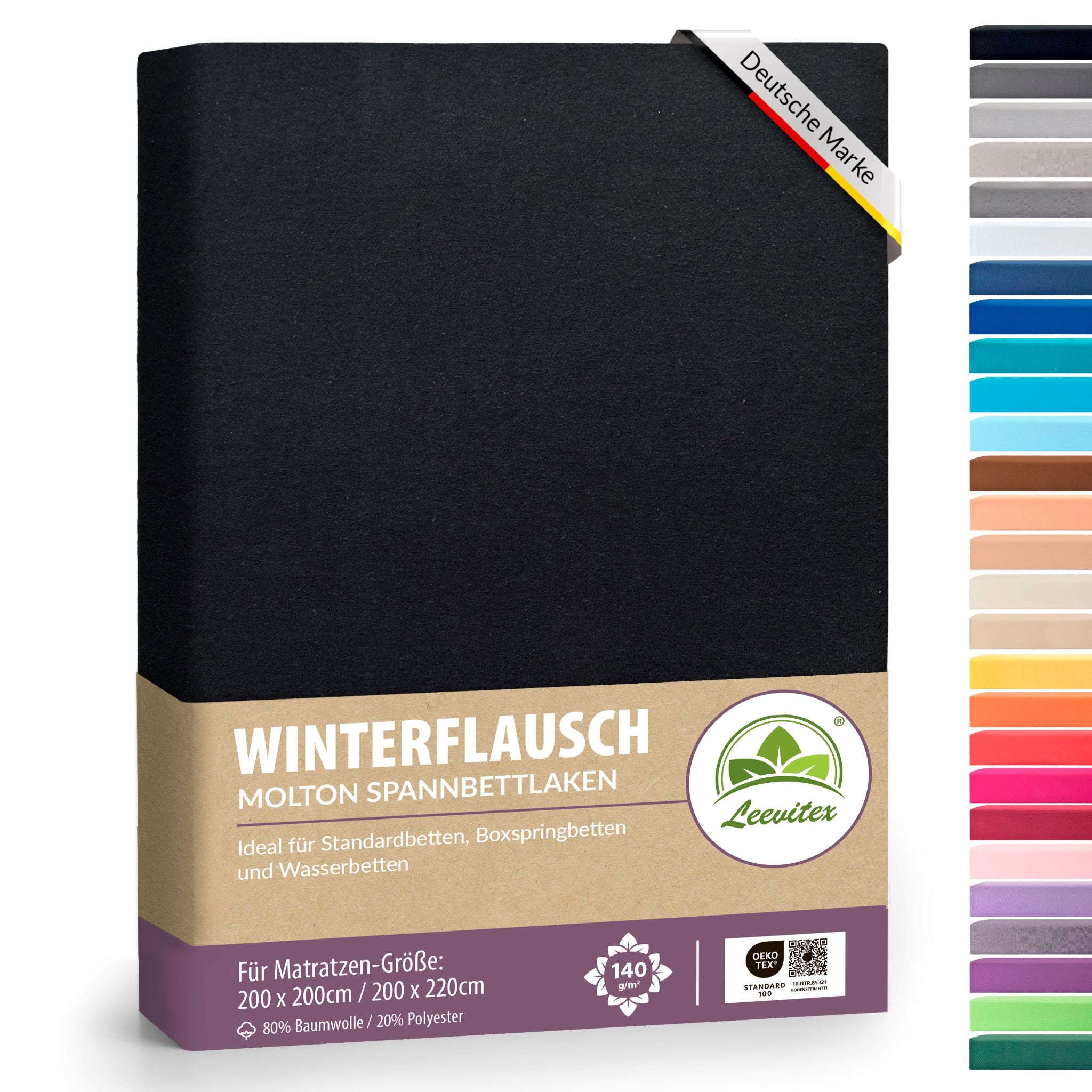 Winter-Spannbettlaken Schwarz 200x200 cm in Verpackung von Leevitex