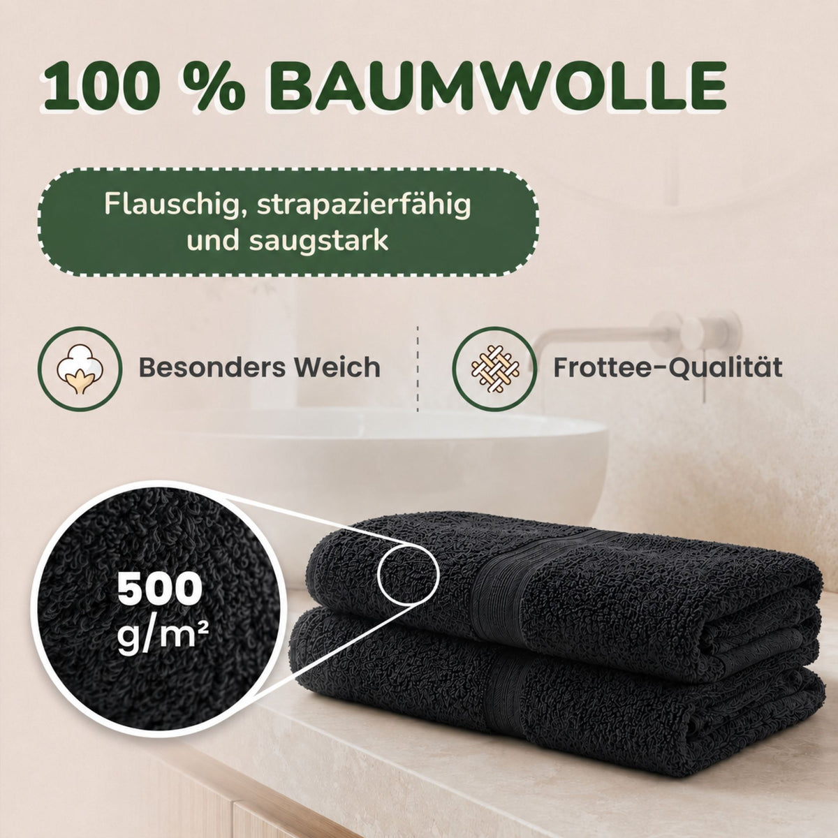Duschtücher im 2er Set – 100% Baumwolle, 70 x 140 cm, weich und saugfähig