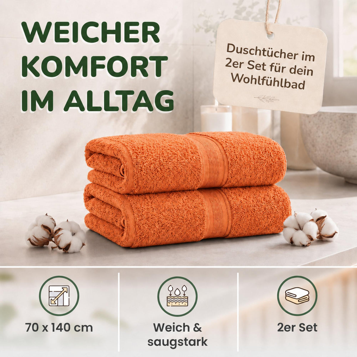 Duschtücher im 2er Set – 100% Baumwolle, 70 x 140 cm, weich und saugfähig