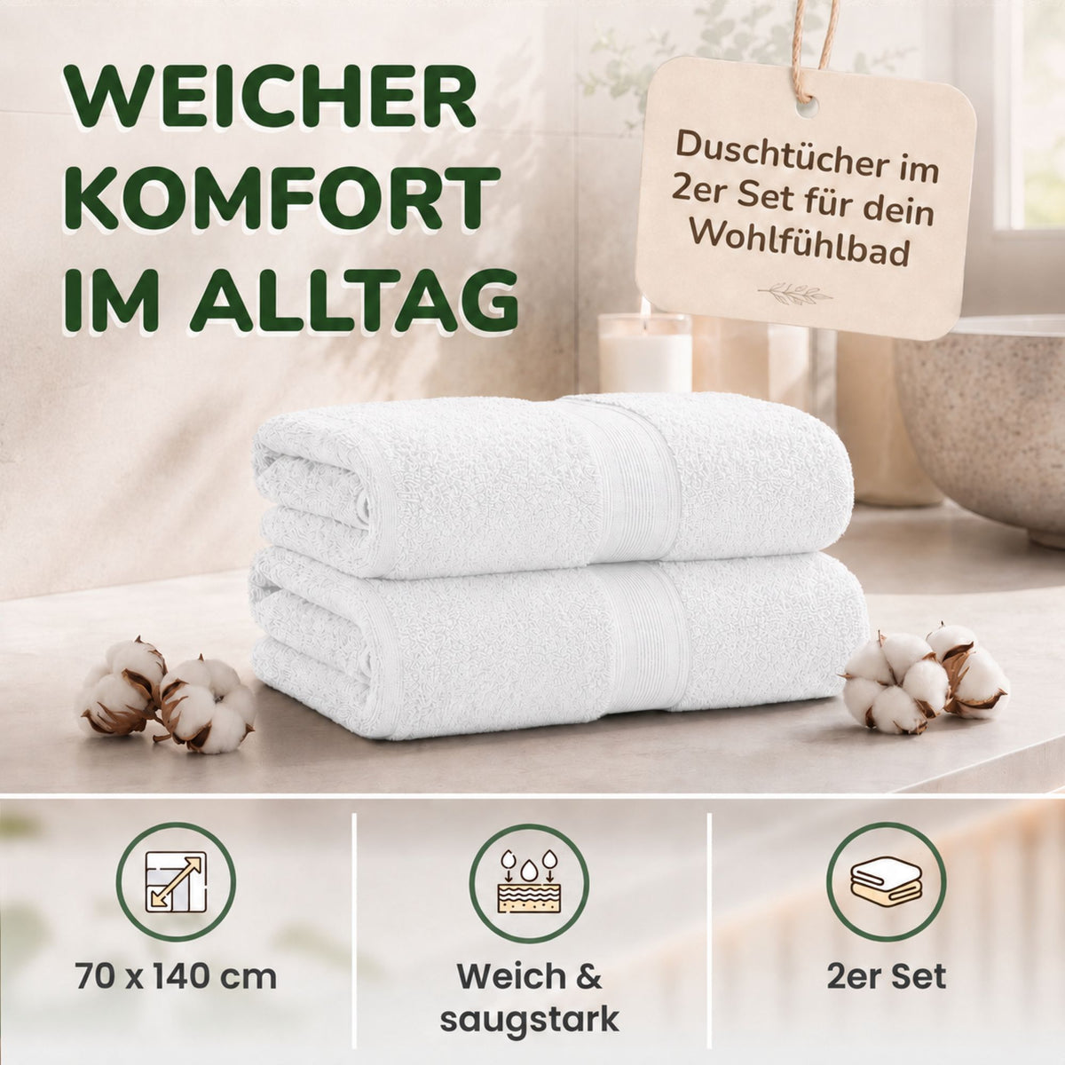 Duschtücher im 2er Set – 100% Baumwolle, 70 x 140 cm, weich und saugfähig