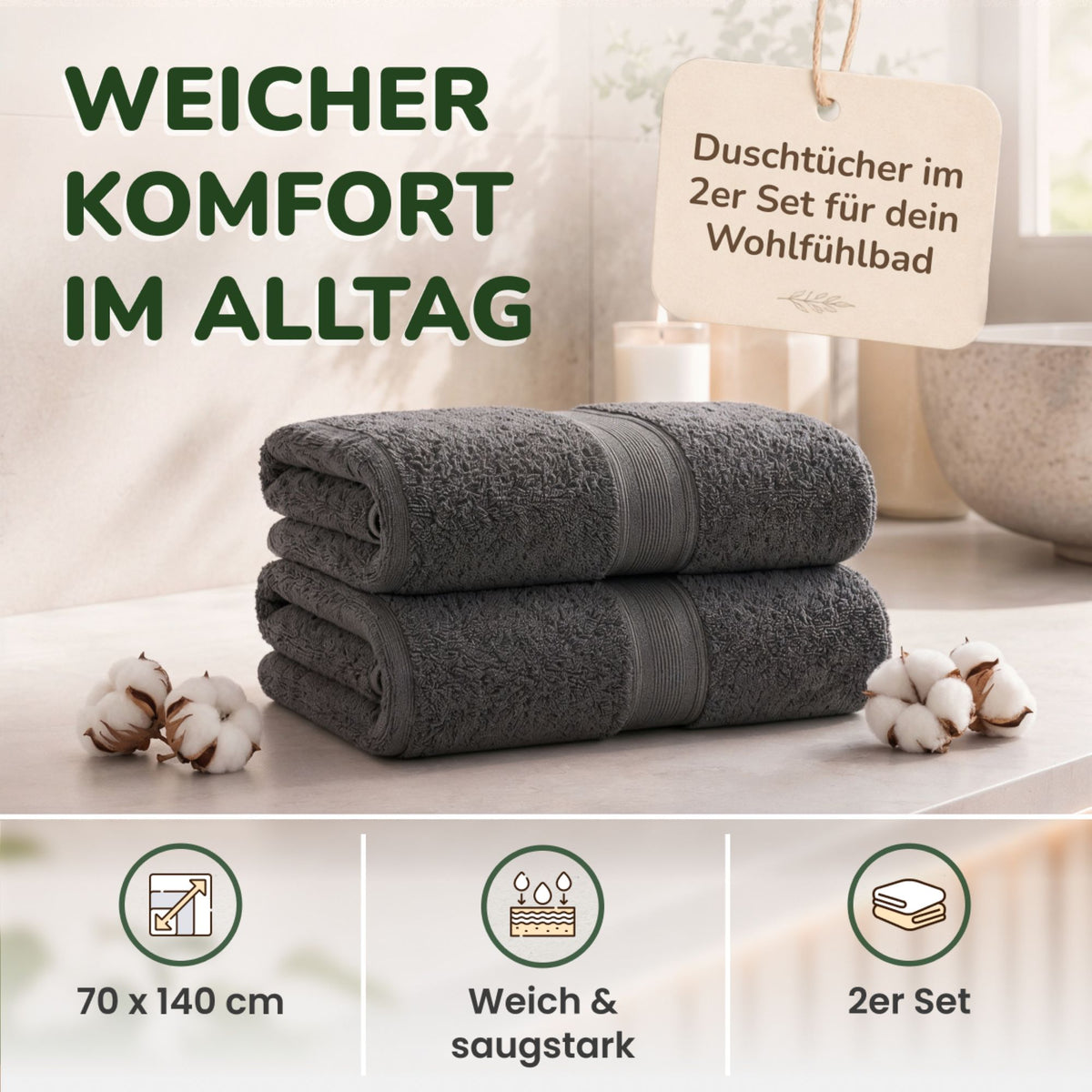 Duschtücher im 2er Set – 100% Baumwolle, 70 x 140 cm, weich und saugfähig