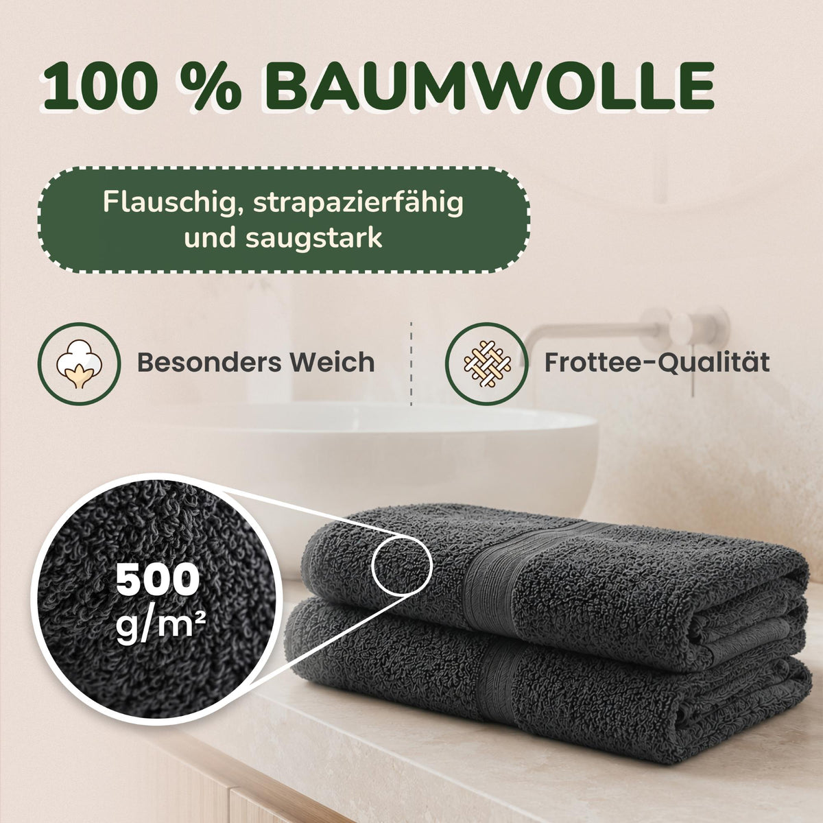 Duschtücher im 2er Set – 100% Baumwolle, 70 x 140 cm, weich und saugfähig