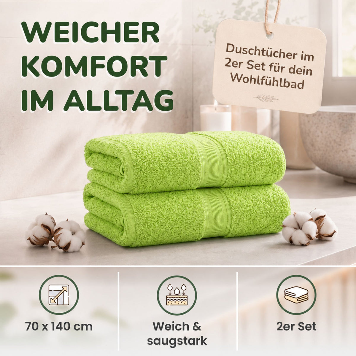 Duschtücher im 2er Set – 100% Baumwolle, 70 x 140 cm, weich und saugfähig