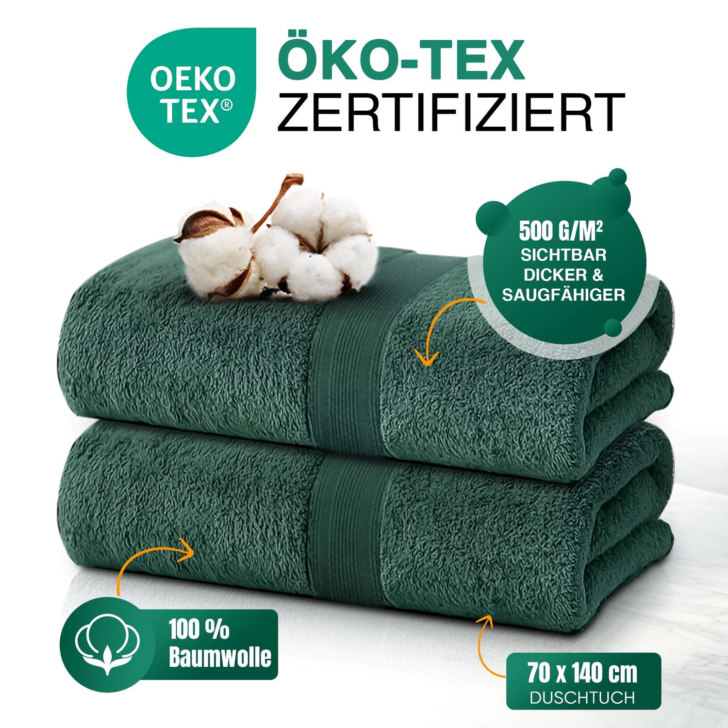 Duschtücher im 2er Set – 100% Baumwolle, 70 x 140 cm, weich und saugfähig