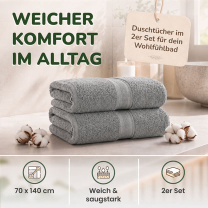 Duschtücher im 2er Set – 100% Baumwolle, 70 x 140 cm, weich und saugfähig