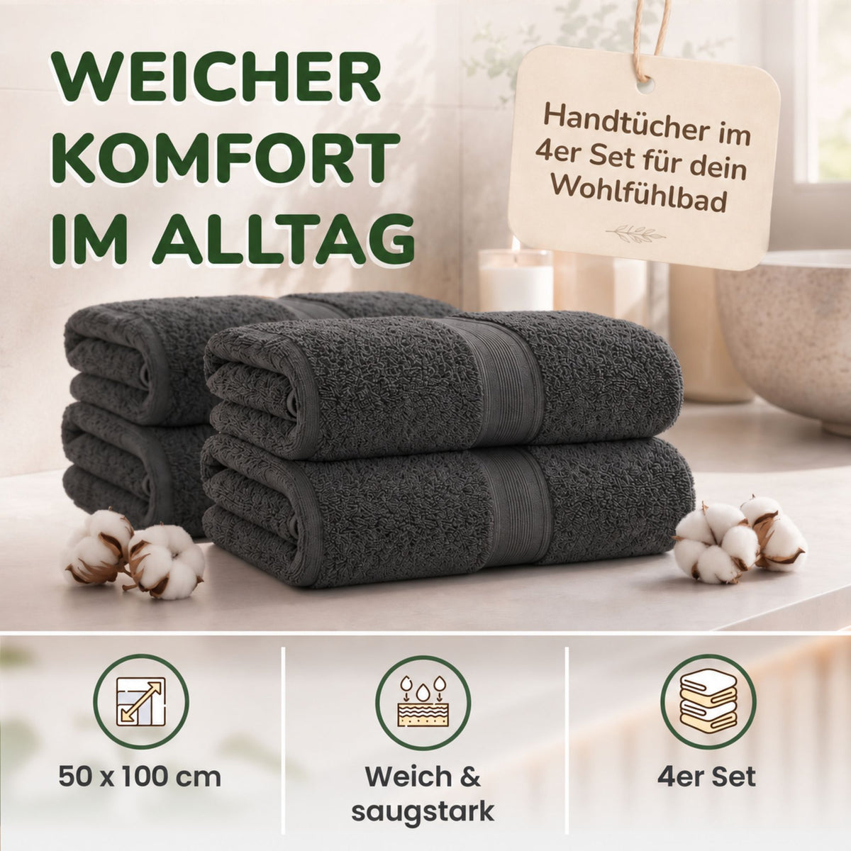Handtücher von Leevitex – 4er Set, 100% Baumwolle, 50 x 100 cm, weich und saugfähig