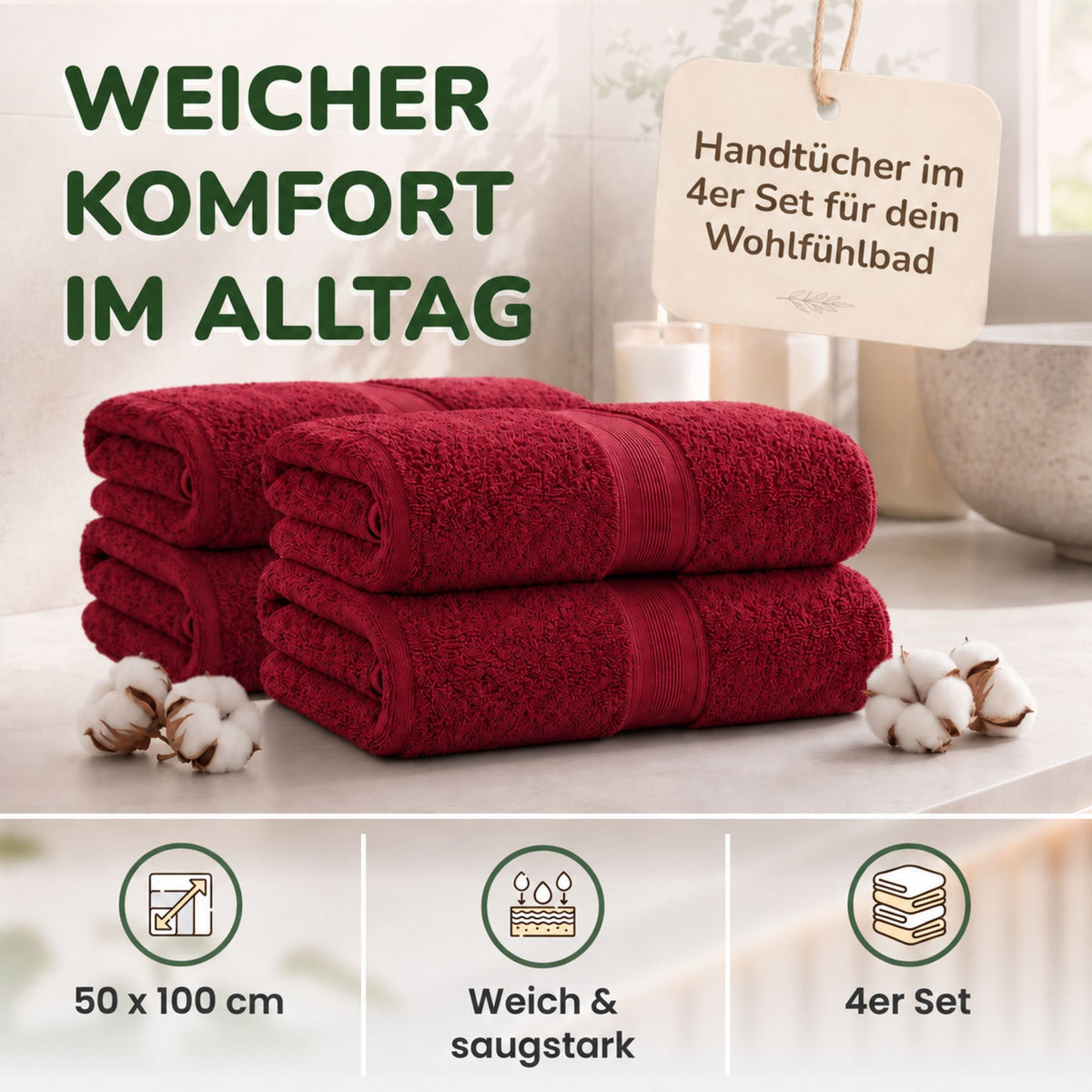 Handtücher von Leevitex – 4er Set, 100% Baumwolle, 50 x 100 cm, weich und saugfähig