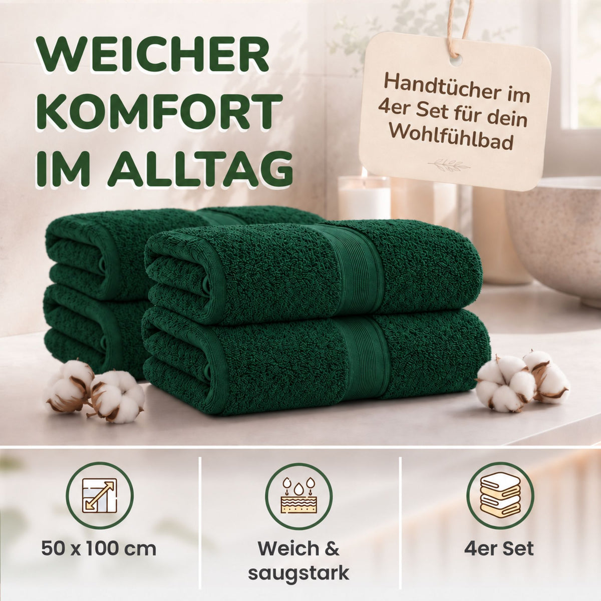 Handtücher von Leevitex – 4er Set, 100% Baumwolle, 50 x 100 cm, weich und saugfähig