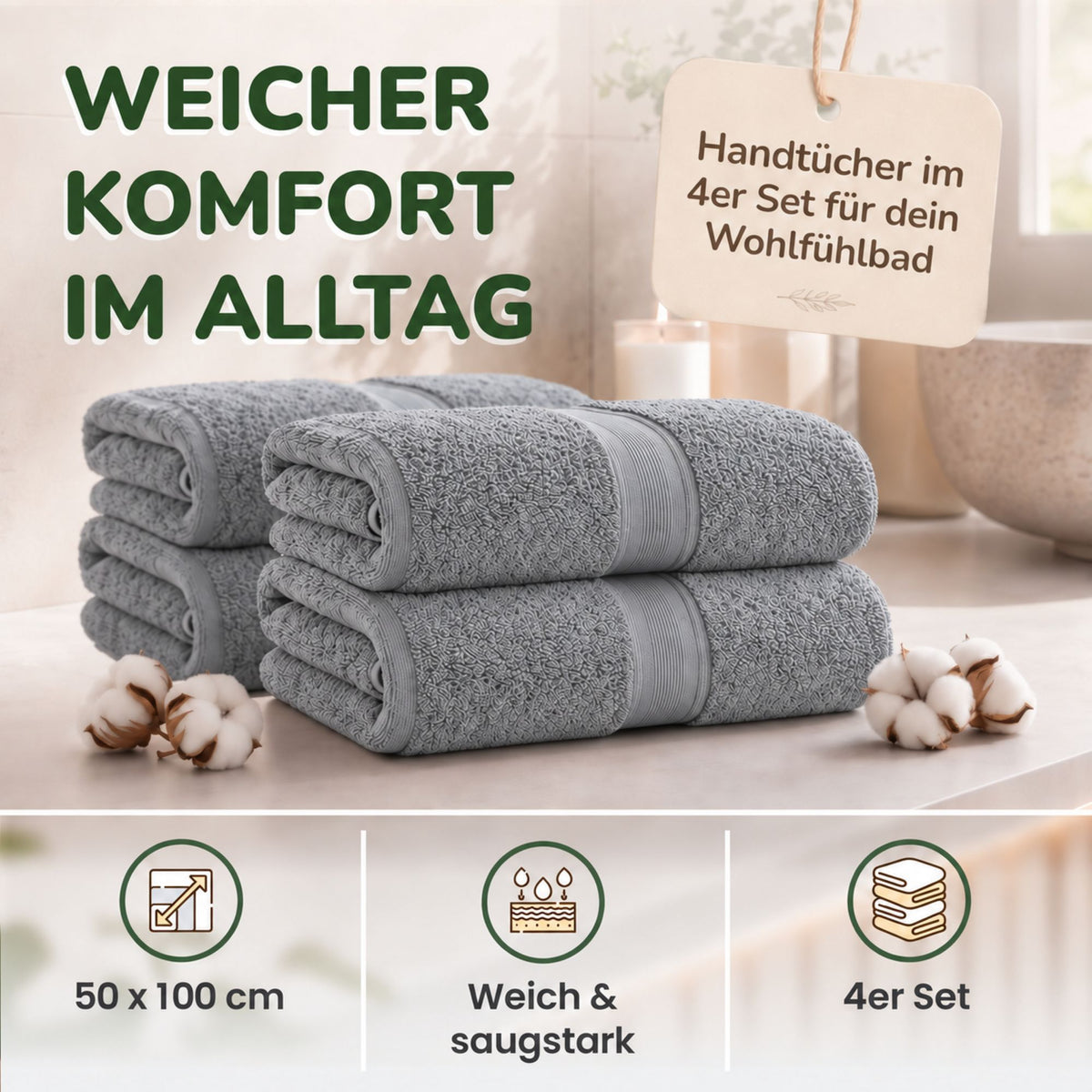 Handtücher von Leevitex – 4er Set, 100% Baumwolle, 50 x 100 cm, weich und saugfähig