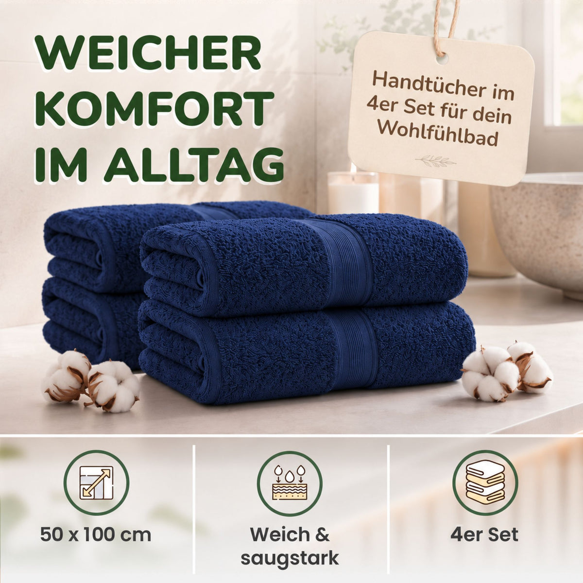Handtücher von Leevitex – 4er Set, 100% Baumwolle, 50 x 100 cm, weich und saugfähig