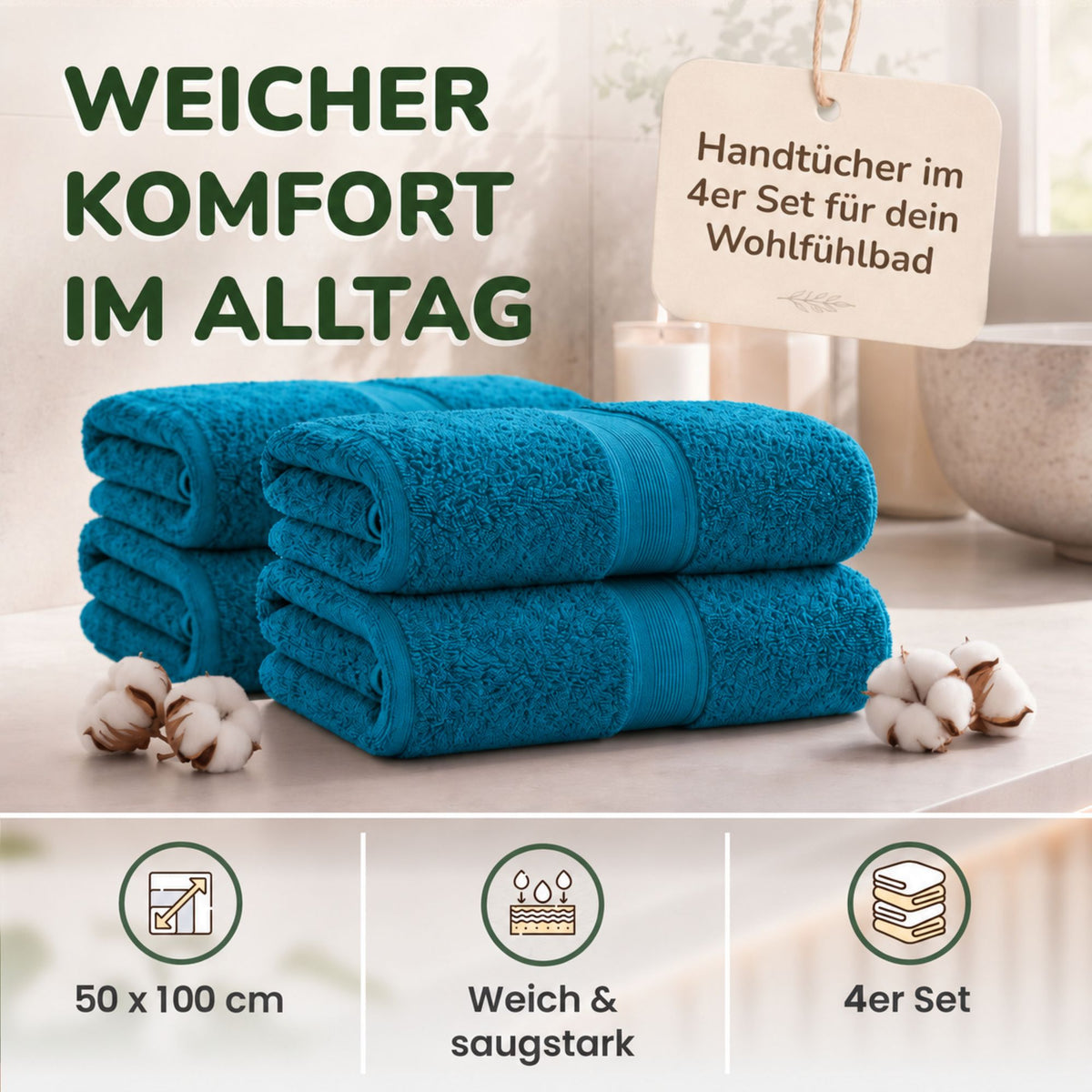 Handtücher von Leevitex – 4er Set, 100% Baumwolle, 50 x 100 cm, weich und saugfähig