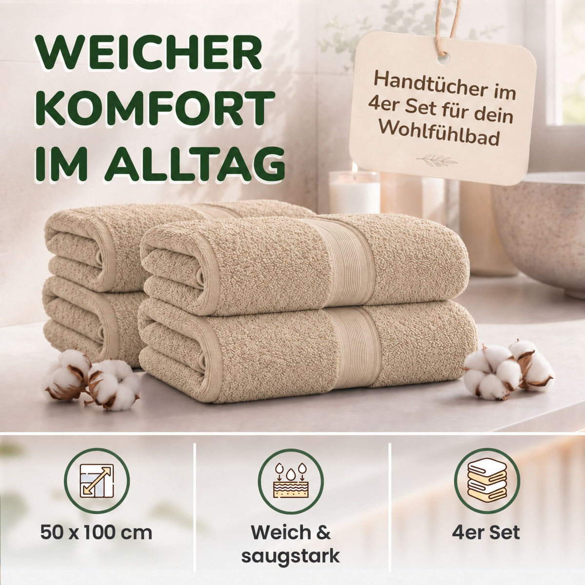 Handtücher von Leevitex – 4er Set, 100% Baumwolle, 50 x 100 cm, weich und saugfähig