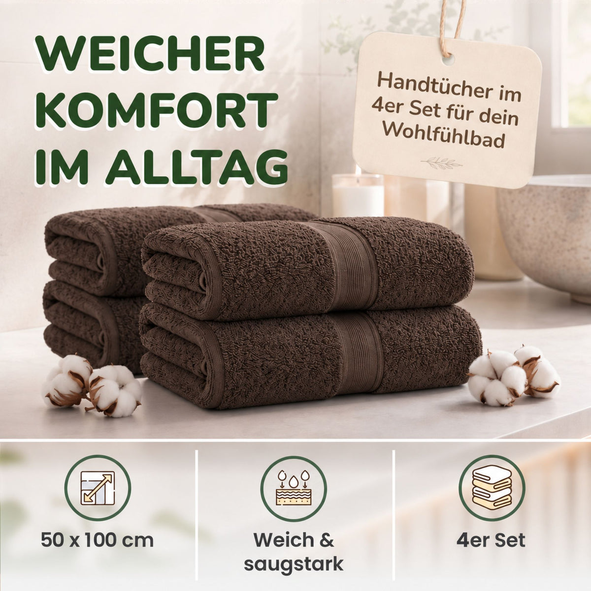 Handtücher von Leevitex – 4er Set, 100% Baumwolle, 50 x 100 cm, weich und saugfähig