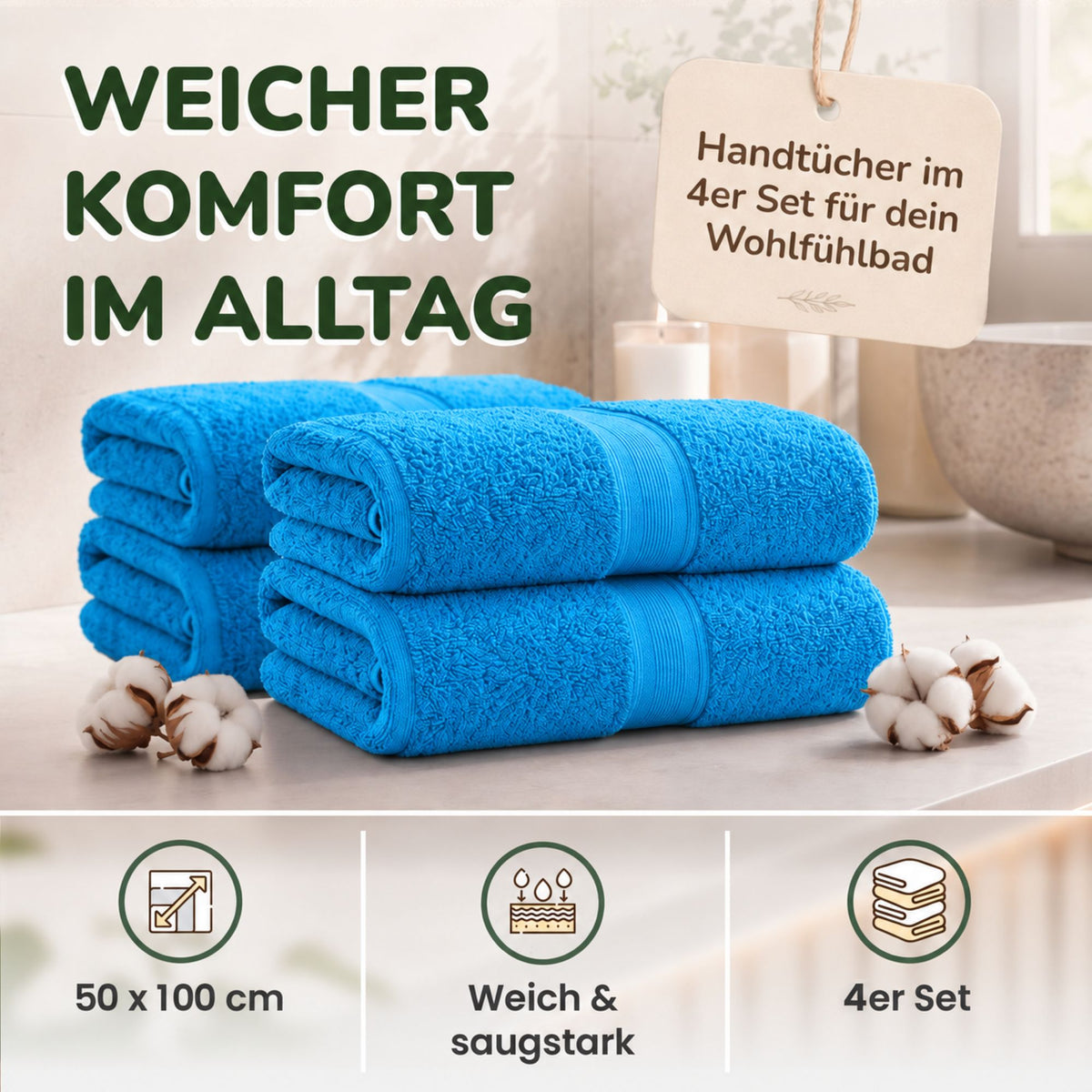 Handtücher von Leevitex – 4er Set, 100% Baumwolle, 50 x 100 cm, weich und saugfähig