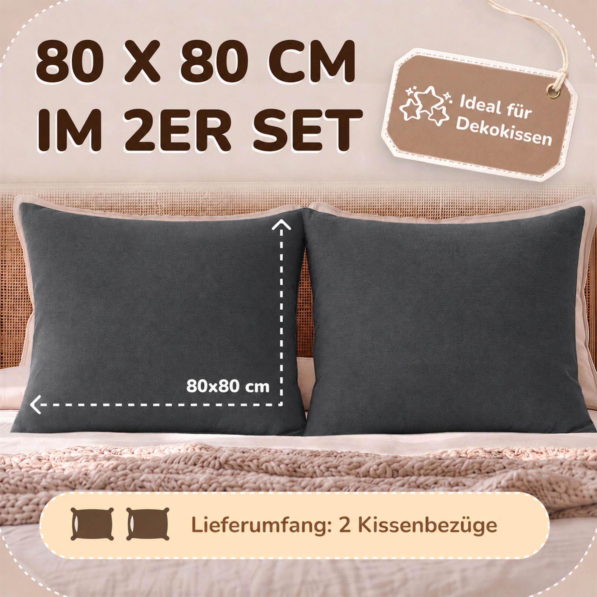 Kissenbezüge 2er Set 80x80 cm - 100% Baumwolle, stilvoll und gemütlich