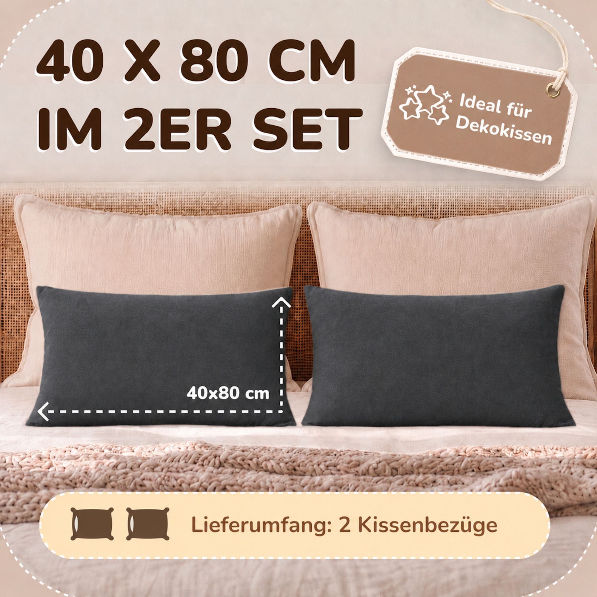 Kissenbezüge 2er Set 40x80 cm - 100% Baumwolle, stilvoll und gemütlich