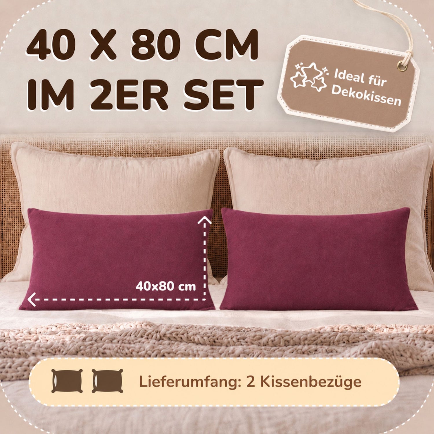 Kissenbezüge 2er Set 40x80 cm - 100% Baumwolle, stilvoll und gemütlich