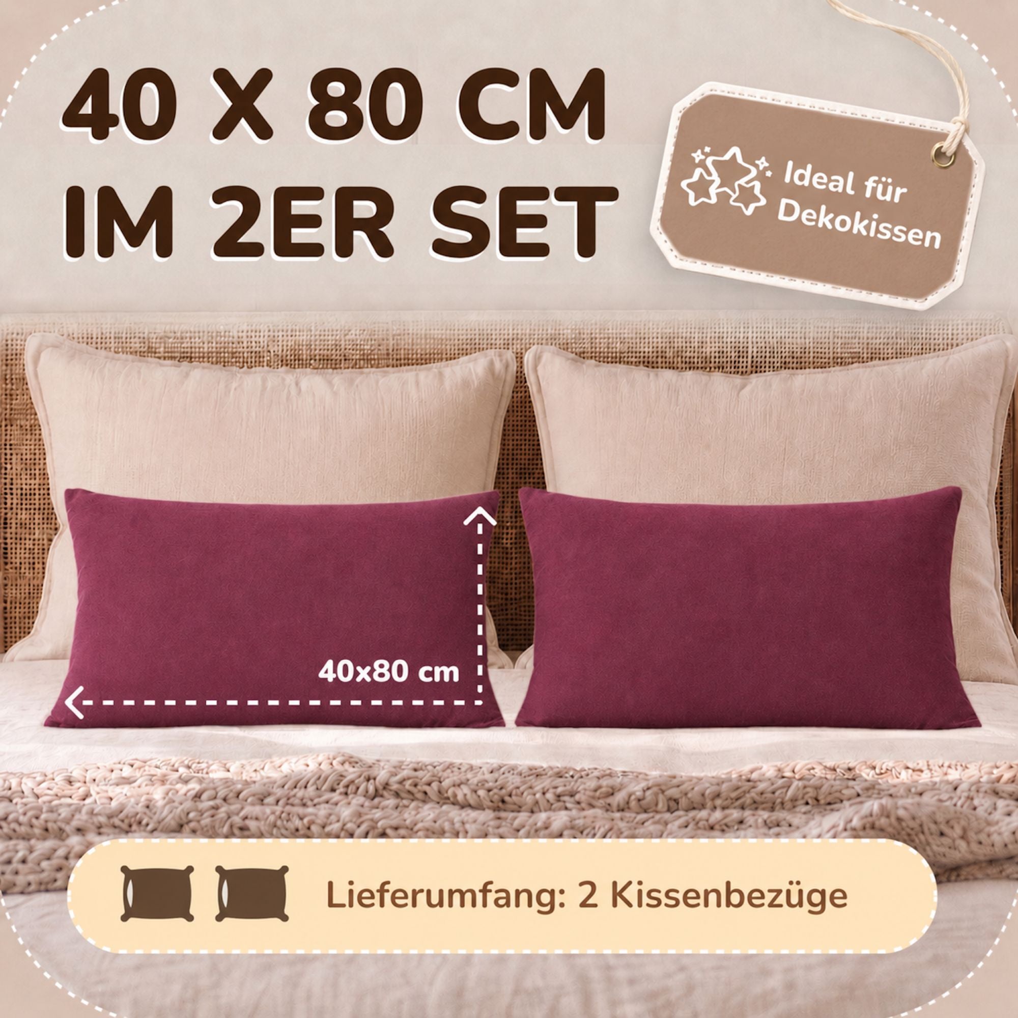 Kissenbezüge 2er Set 40x80 cm - 100% Baumwolle, stilvoll und gemütlich
