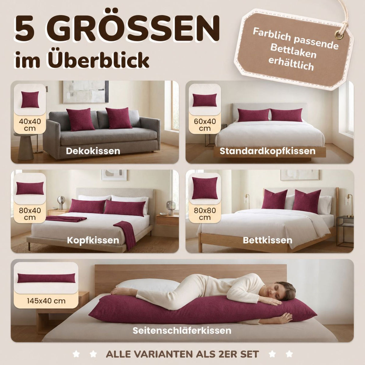 Kissenbezüge 2er Set 40x145 cm - 100% Baumwolle, stilvoll und gemütlich