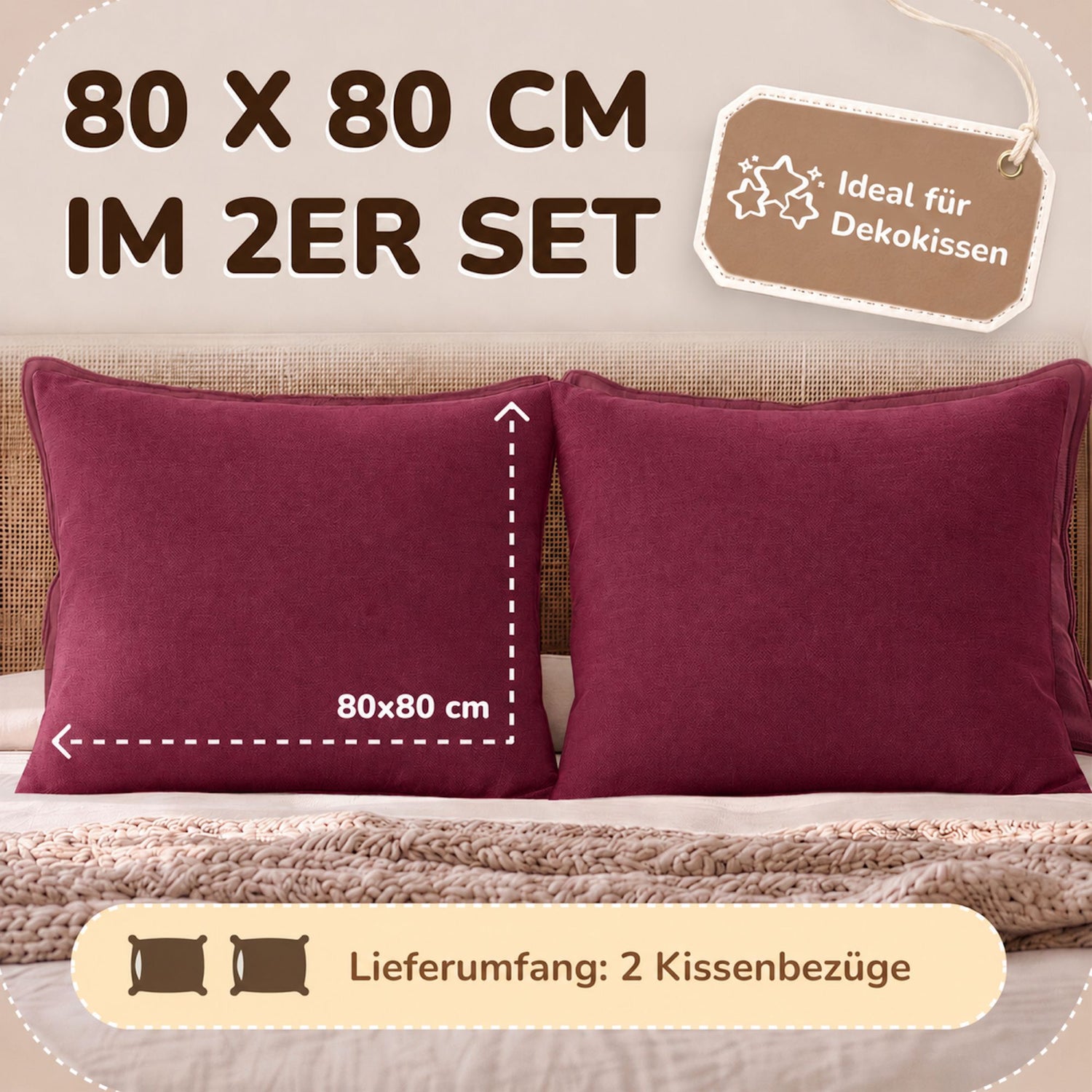 Kissenbezüge 2er Set 80x80 cm - 100% Baumwolle, stilvoll und gemütlich
