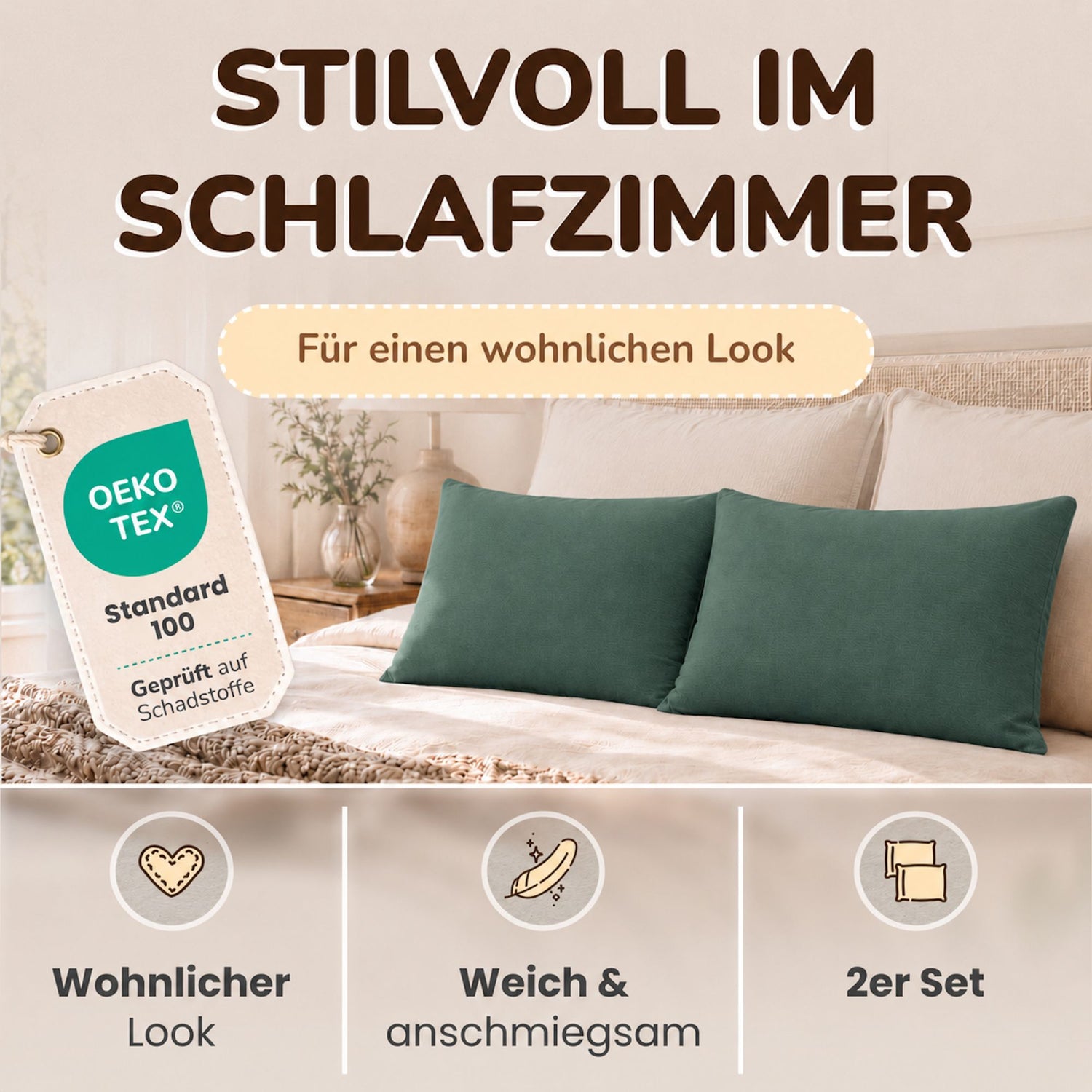 Kissenbezüge 2er Set 40x80 cm - 100% Baumwolle, stilvoll und gemütlich
