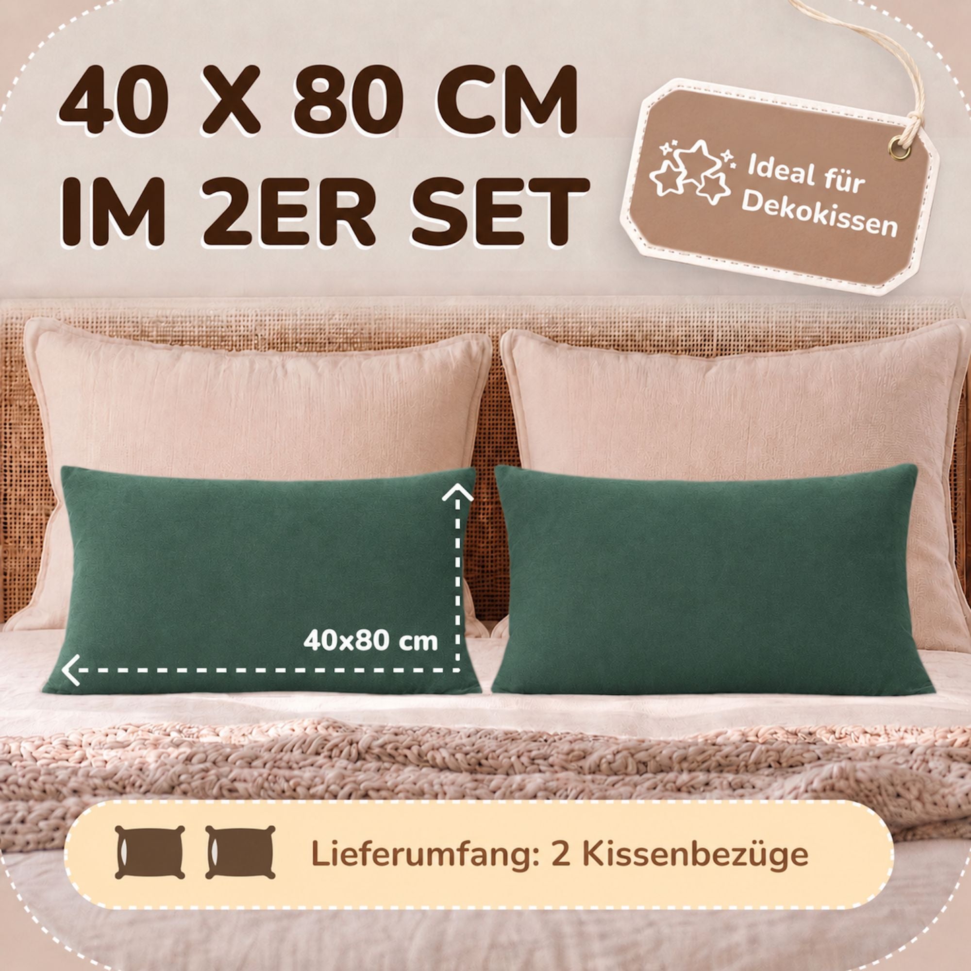 Kissenbezüge 2er Set 40x80 cm - 100% Baumwolle, stilvoll und gemütlich