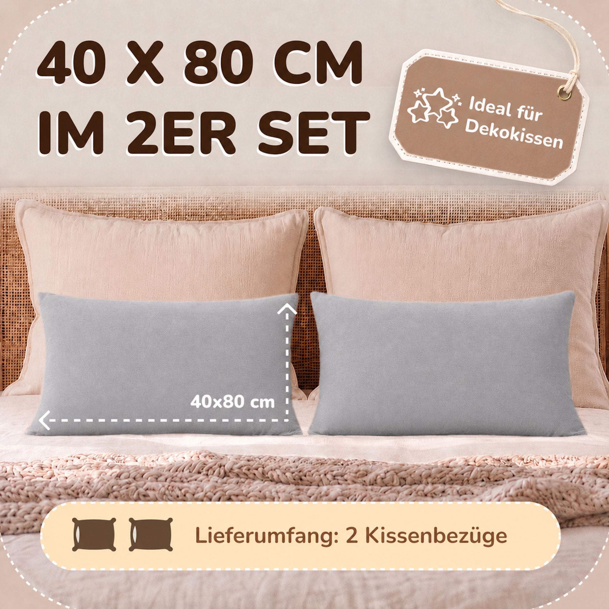 Kissenbezüge 2er Set 40x80 cm - 100% Baumwolle, stilvoll und gemütlich