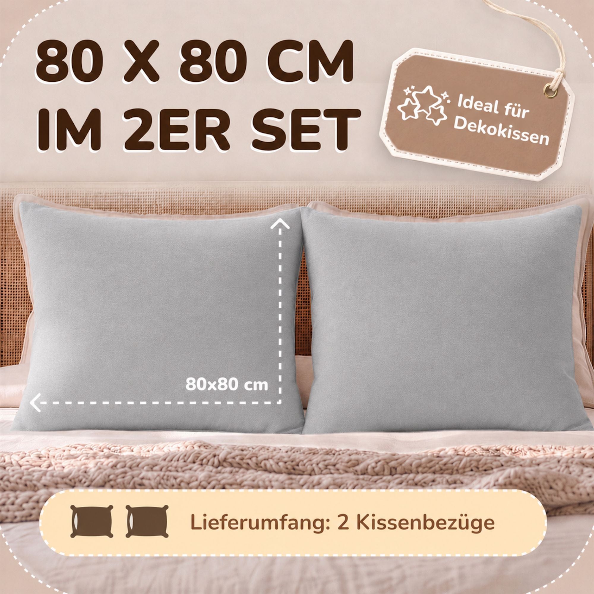Kissenbezüge 2er Set 80x80 cm - 100% Baumwolle, stilvoll und gemütlich