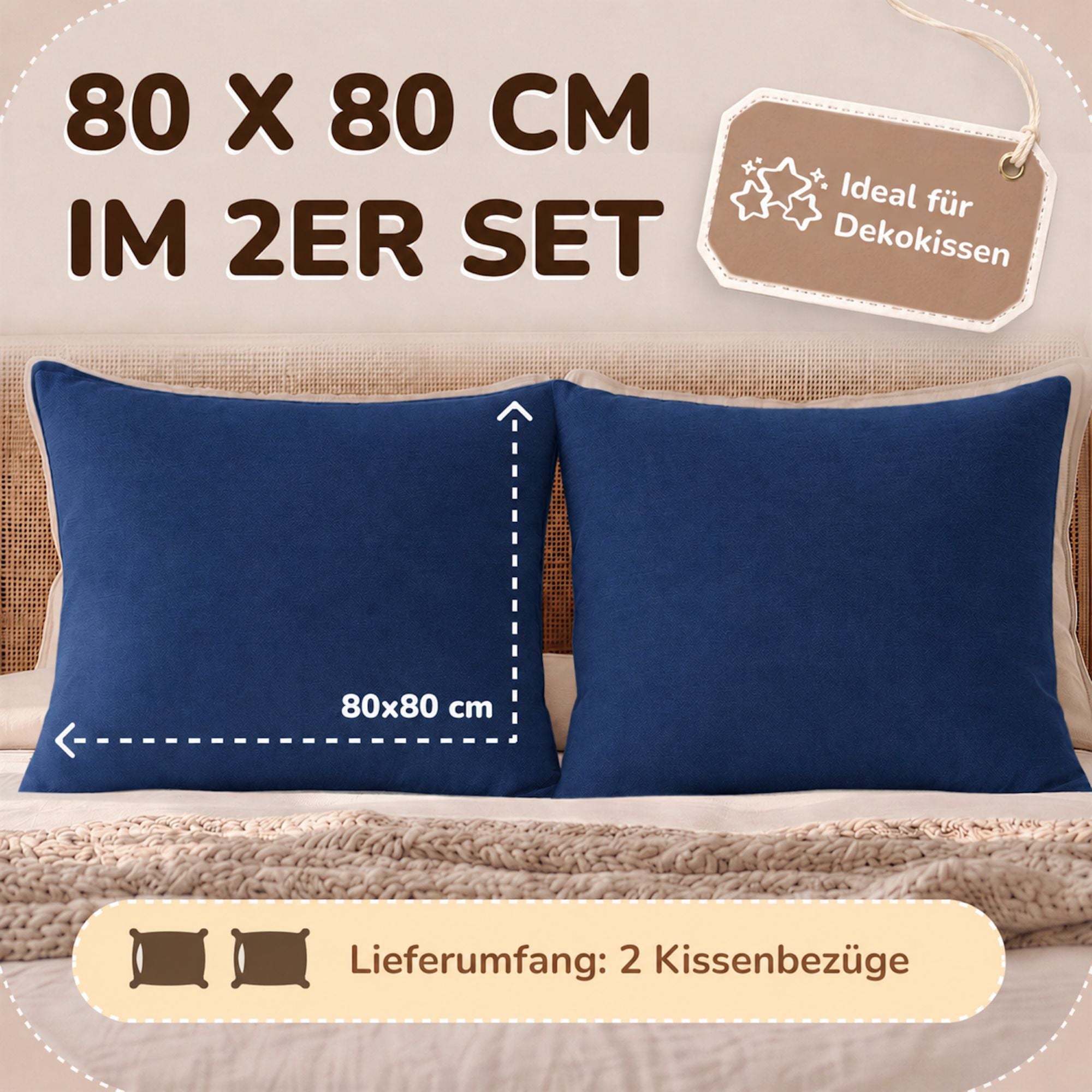 Kissenbezüge 2er Set 80x80 cm - 100% Baumwolle, stilvoll und gemütlich