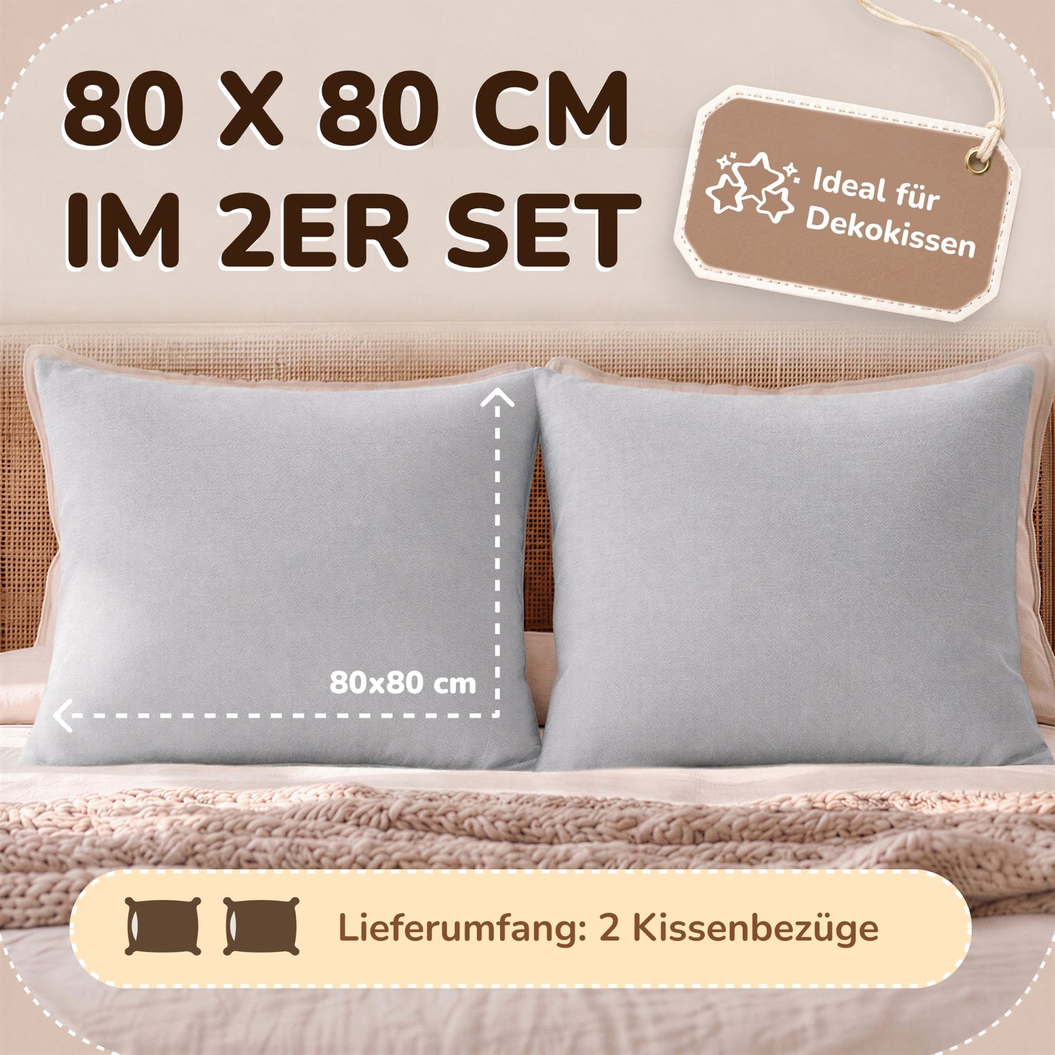 Kissenbezüge 2er Set 80x80 cm - 100% Baumwolle, stilvoll und gemütlich