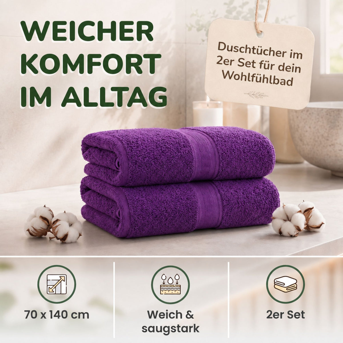 Duschtücher im 2er Set – 100% Baumwolle, 70 x 140 cm, weich und saugfähig