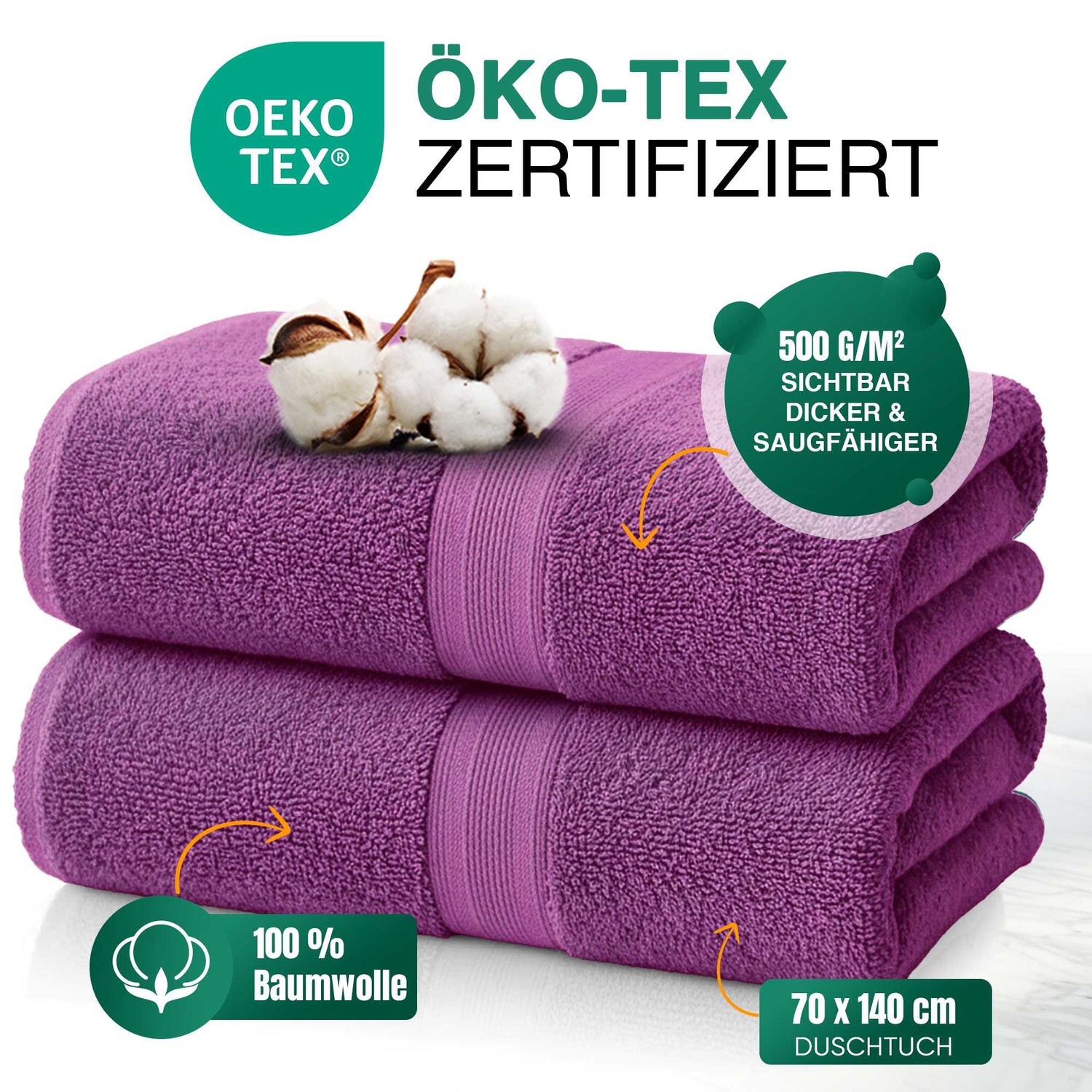 Duschtücher im 2er Set – 100% Baumwolle, 70 x 140 cm, weich und saugfähig