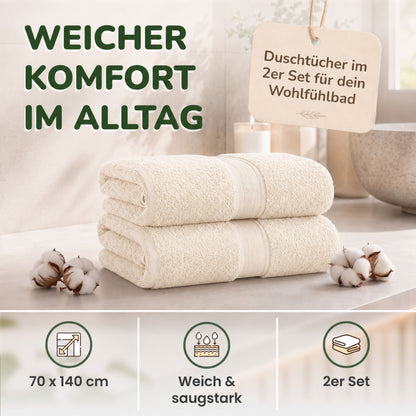 Duschtücher im 2er Set – 100% Baumwolle, 70 x 140 cm, weich und saugfähig