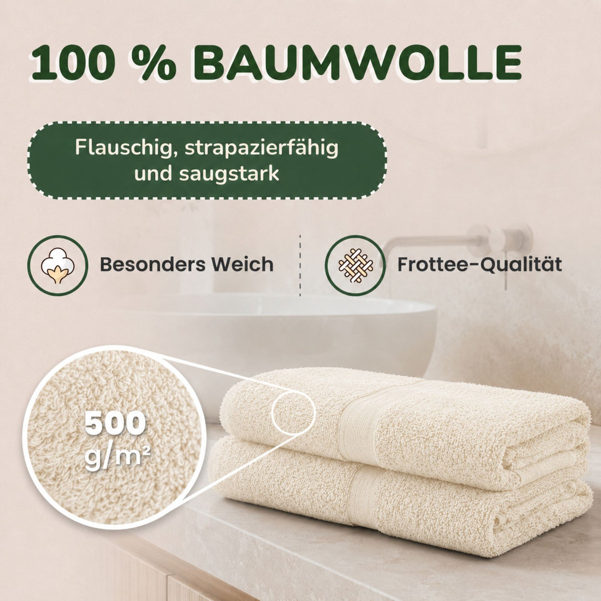 Duschtücher im 2er Set – 100% Baumwolle, 70 x 140 cm, weich und saugfähig