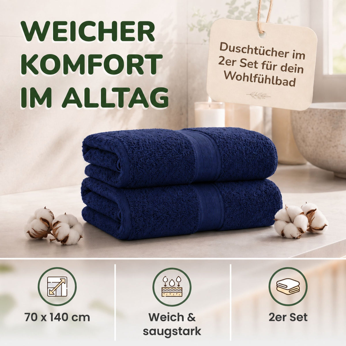 Duschtücher im 2er Set – 100% Baumwolle, 70 x 140 cm, weich und saugfähig