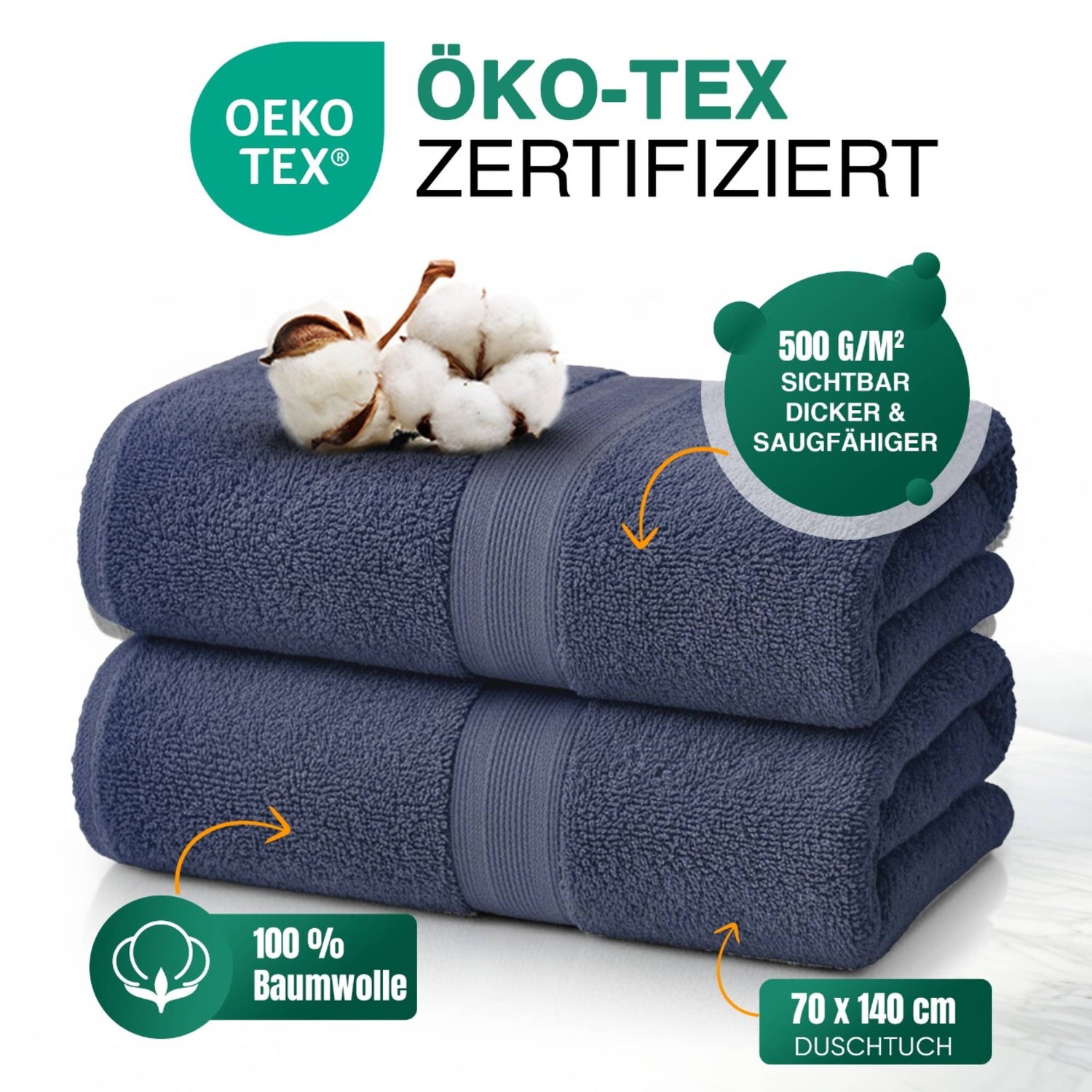 Duschtücher im 2er Set – 100% Baumwolle, 70 x 140 cm, weich und saugfähig